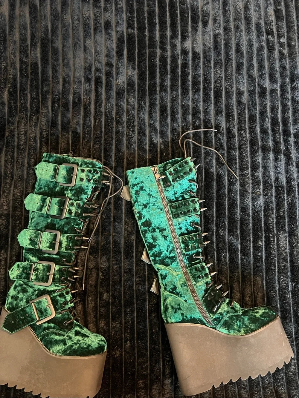 Dolls Kill Green Velvet Platform Knee-High Boots with Spikes